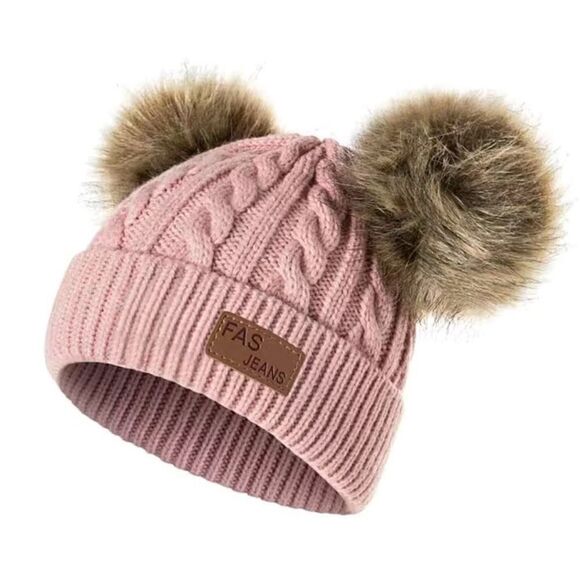 Thermal Cable Knit Beanie Winter Hat w Faux Fur Pom Poms. Elastic. 0-5 Yrs. Pink - Picture 1 of 2